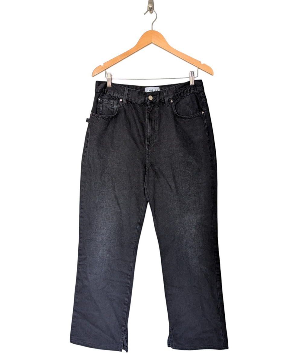 Marella Denim Black Wide Leg Jeans Size 10 Cotton High Waisted Comfort Slits Hem